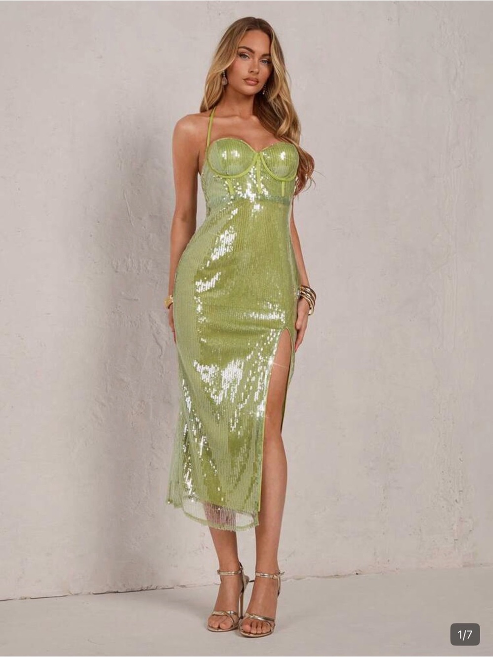 Green Sequin Halter Midi Dress with Side Slit